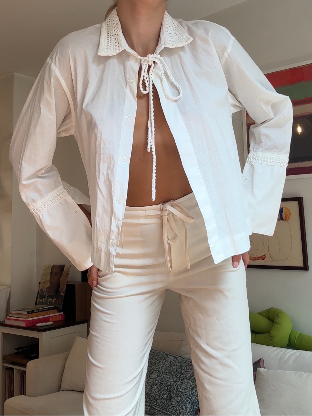 THE GARMENT White Cotton Tie-Collar Blouse with Crochet Detail